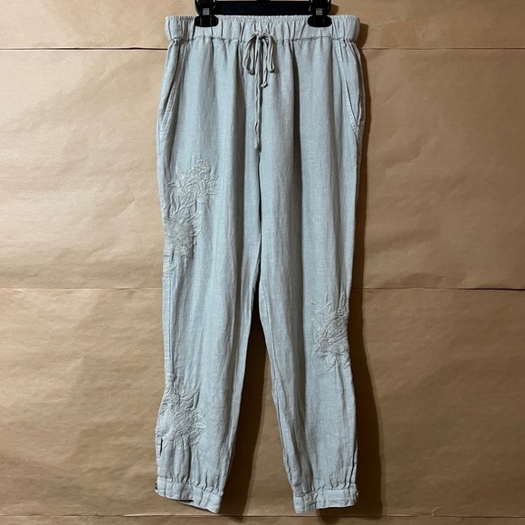 Johnny Was Linen Sadie Jogger Pants Embroidered Floral High Rise Pull-On Size S - Picture 1 of 13